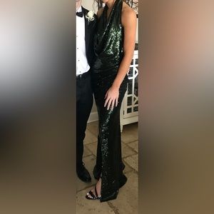 Long backless jewel tone deep green sequin dress